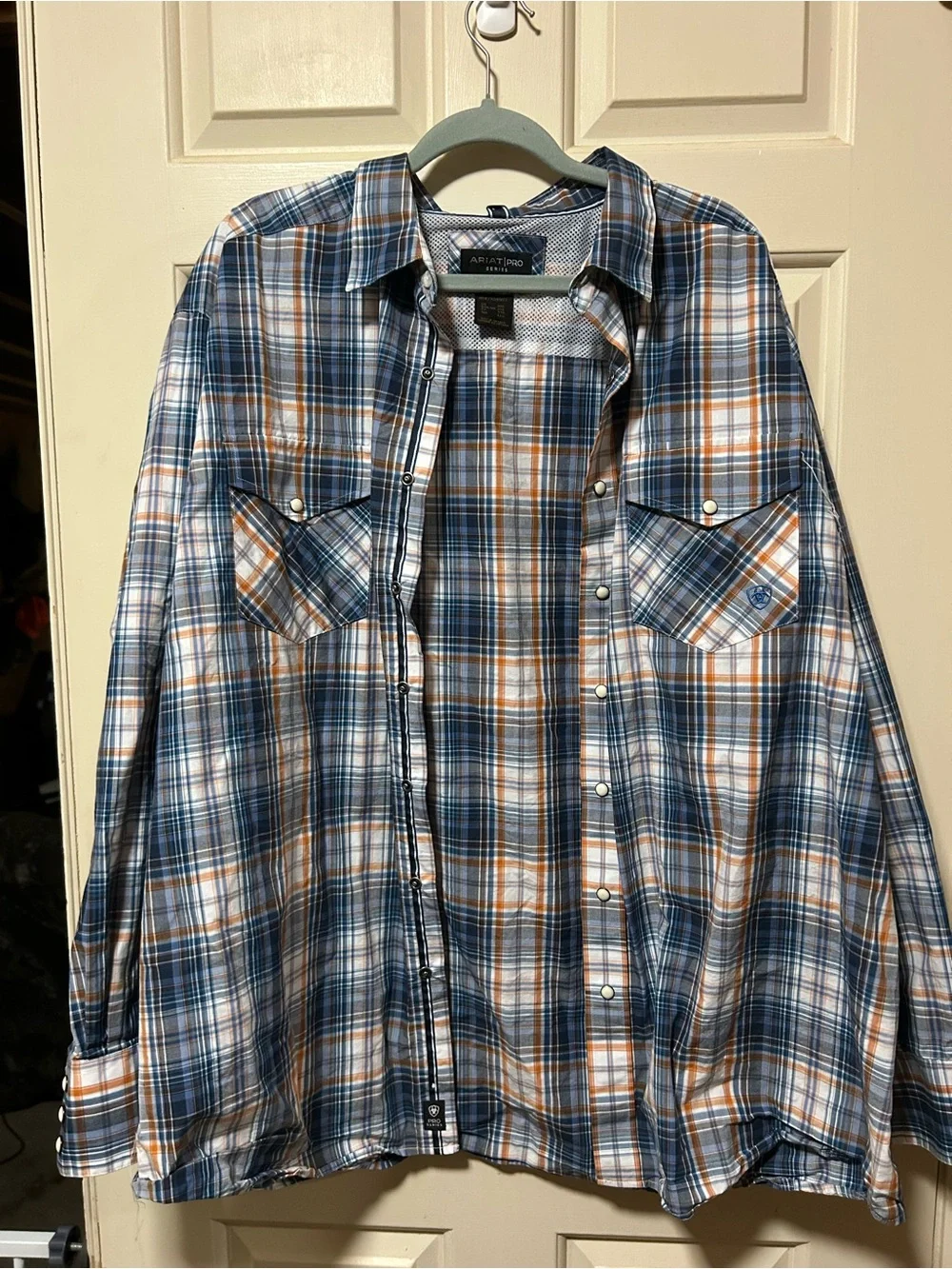 Ariat Blue, White & Orange Plaid Long-Sleeve Button-Down Shirt pro series - Picture 1 of 5